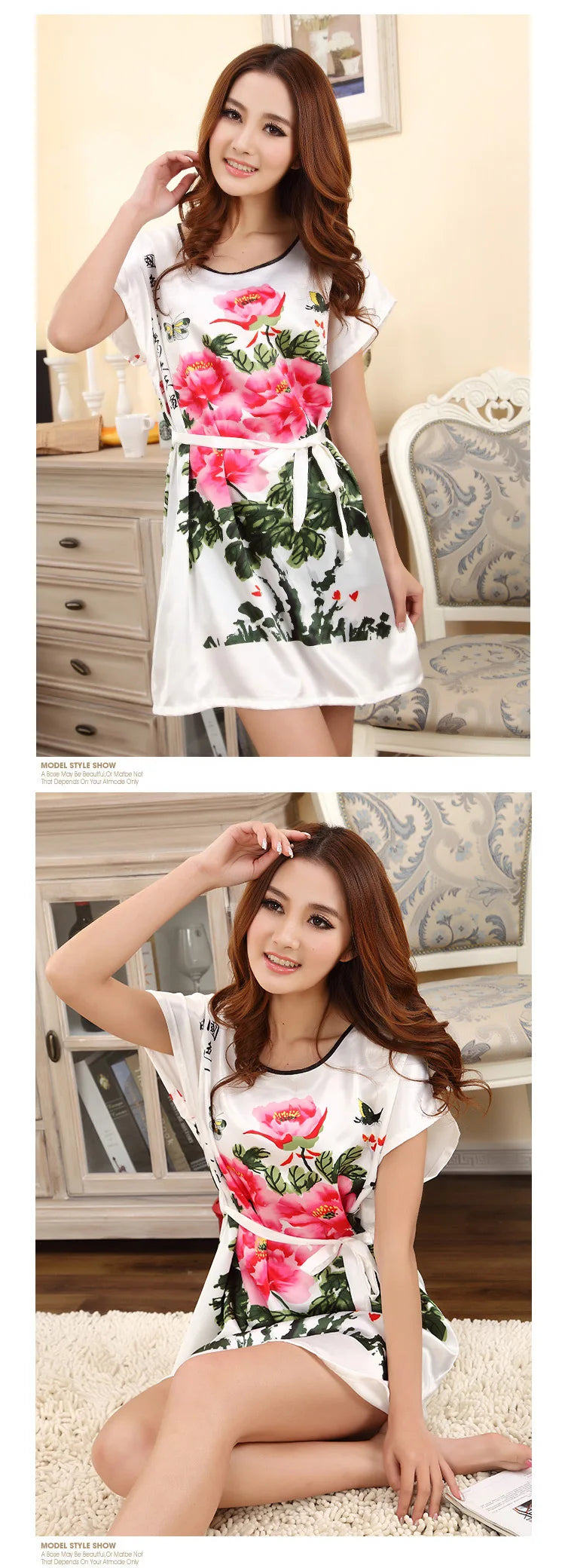Summer fashion womens nightgown silk satin short-sleeved Korean pyjamas Ethnic flower pattern female nightdress casual tracksuit