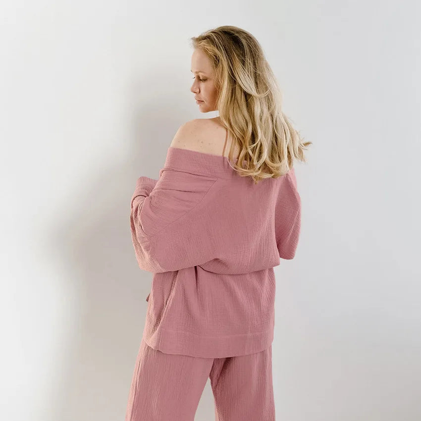 NHKDSASA Kimono Pajamas 2023 New 100% Cotton Crepe Long-Sleeved Trousers Ladies Sleepwear Suit Women's Home Service Mujer