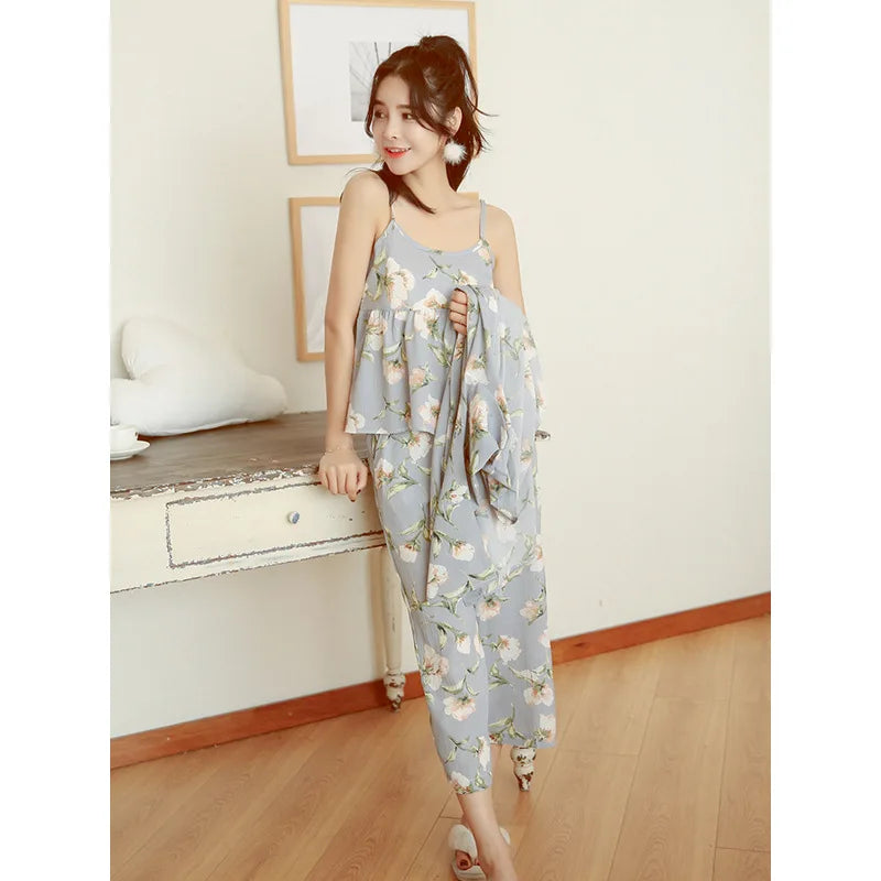 3 Pieces Women Japan Kimono Pajamas Cotton Sleepwear Pijama Soft Home Clothing Floral Printing Sleep Lounge Pyjama Pyjamas Set