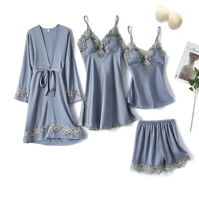 Pink Women Rayon 5PCS Robe Gown Sets Sexy Lace Floral Trim Bride Dressing Sleep Suit Loose Lingerie Pajamas Set Kimono Nightgown