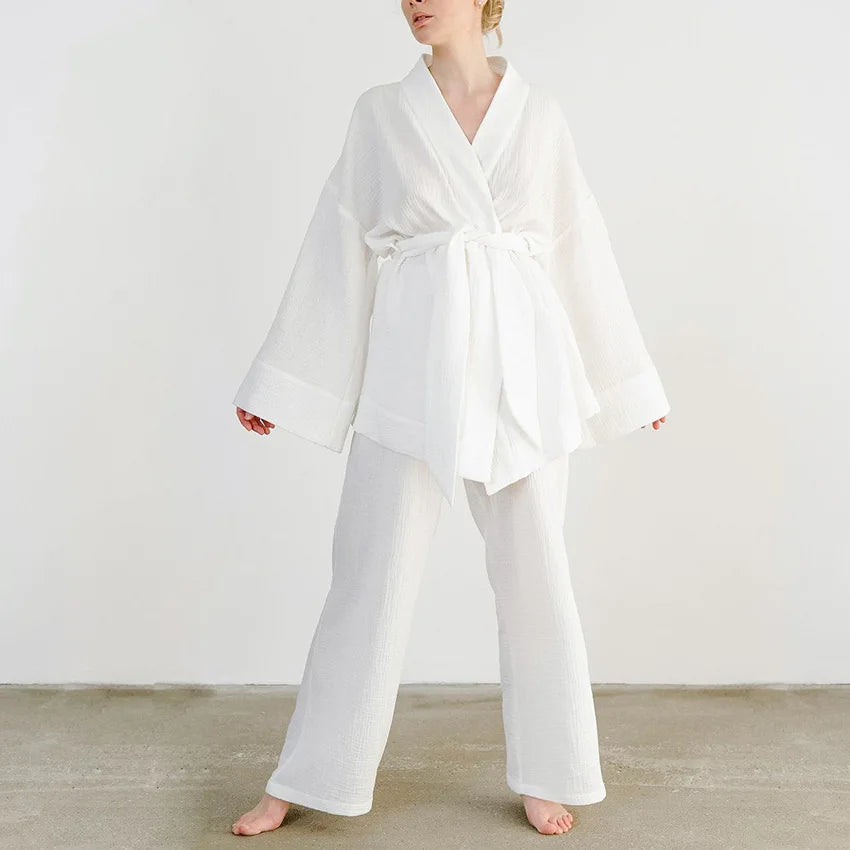NHKDSASA Kimono Pajamas 2023 New 100% Cotton Crepe Long-Sleeved Trousers Ladies Sleepwear Suit Women's Home Service Mujer