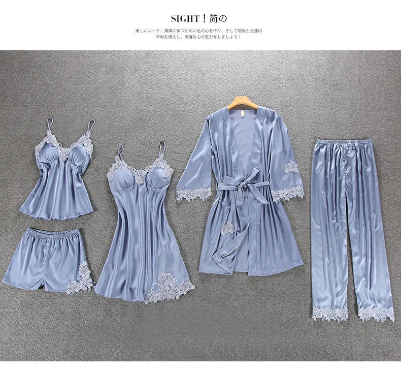 Daeyard Women's Pajamas Silk Floral Overall Print 5Pcs Pajama Set Satin Pyjamas Sexy Lace Pijama Nightie Sleepwear Home Clothes