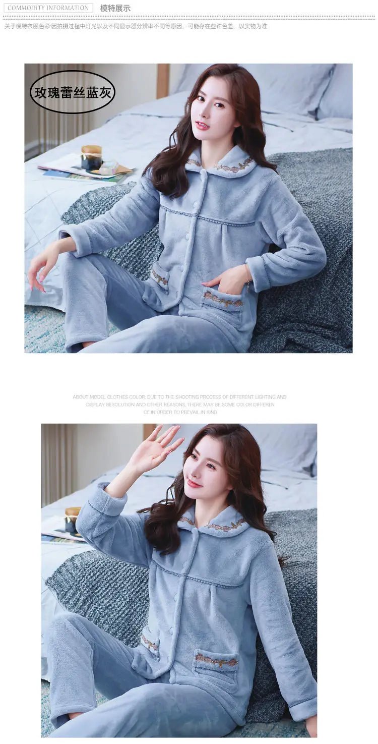 Winter Pajama Sets Women Single Breasted Tops Ankle Length Pants Thicker Cozy Nightwear Flannel Floral Warm Lounge Trendy Casual