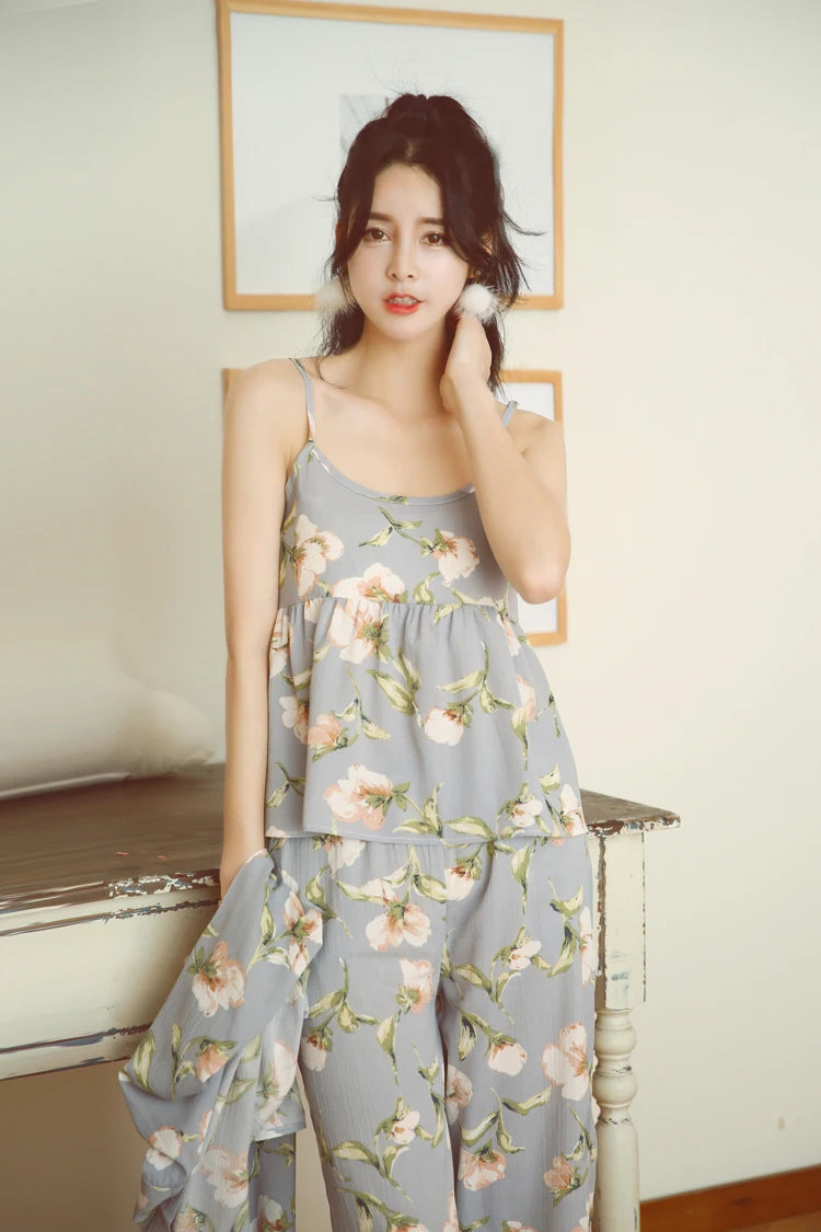 3 Pieces Women Japan Kimono Pajamas Cotton Sleepwear Pijama Soft Home Clothing Floral Printing Sleep Lounge Pyjama Pyjamas Set
