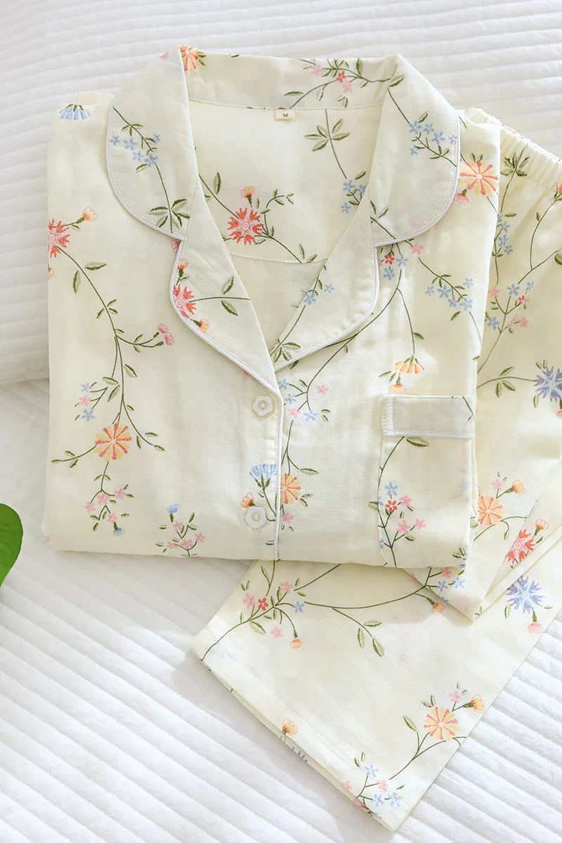 Fdfklak 100% Cotton Gauze Women Homewear Pajama Suit Casual Floral Printed 2Pcs Turn Down Collar Nightwear Pijamas Mujer
