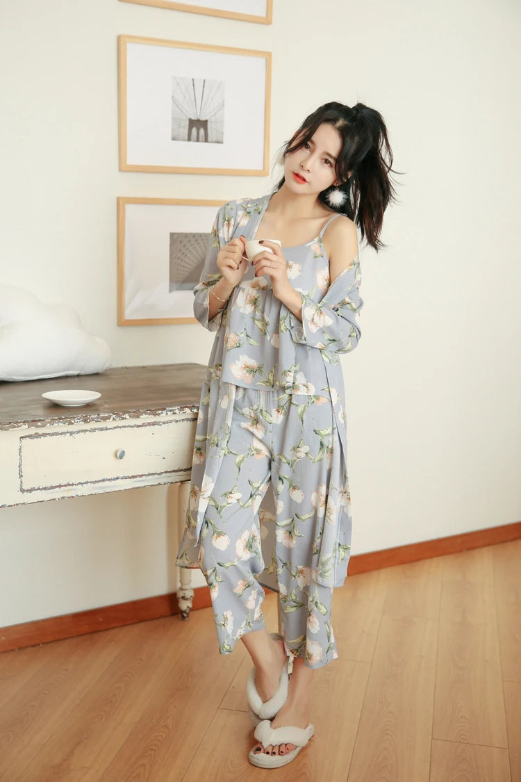 3 Pieces Women Japan Kimono Pajamas Cotton Sleepwear Pijama Soft Home Clothing Floral Printing Sleep Lounge Pyjama Pyjamas Set