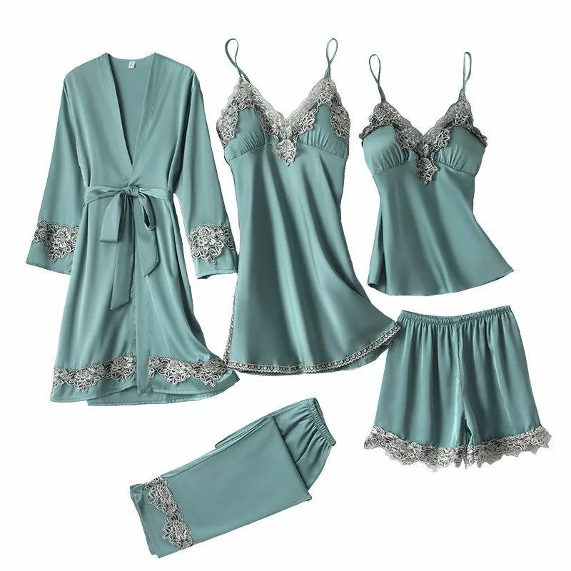 Pink Women Rayon 5PCS Robe Gown Sets Sexy Lace Floral Trim Bride Dressing Sleep Suit Loose Lingerie Pajamas Set Kimono Nightgown
