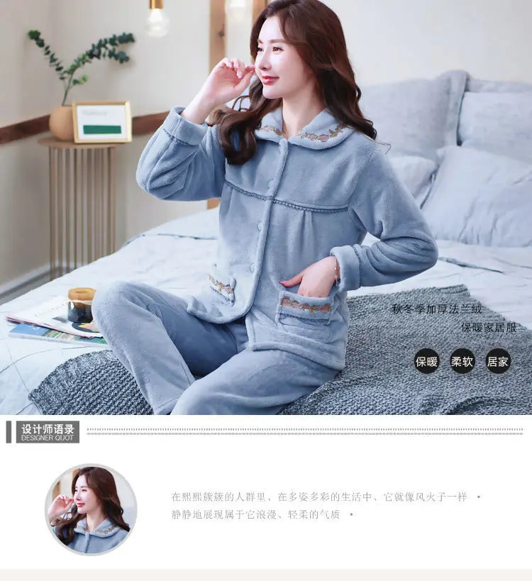 Winter Pajama Sets Women Single Breasted Tops Ankle Length Pants Thicker Cozy Nightwear Flannel Floral Warm Lounge Trendy Casual