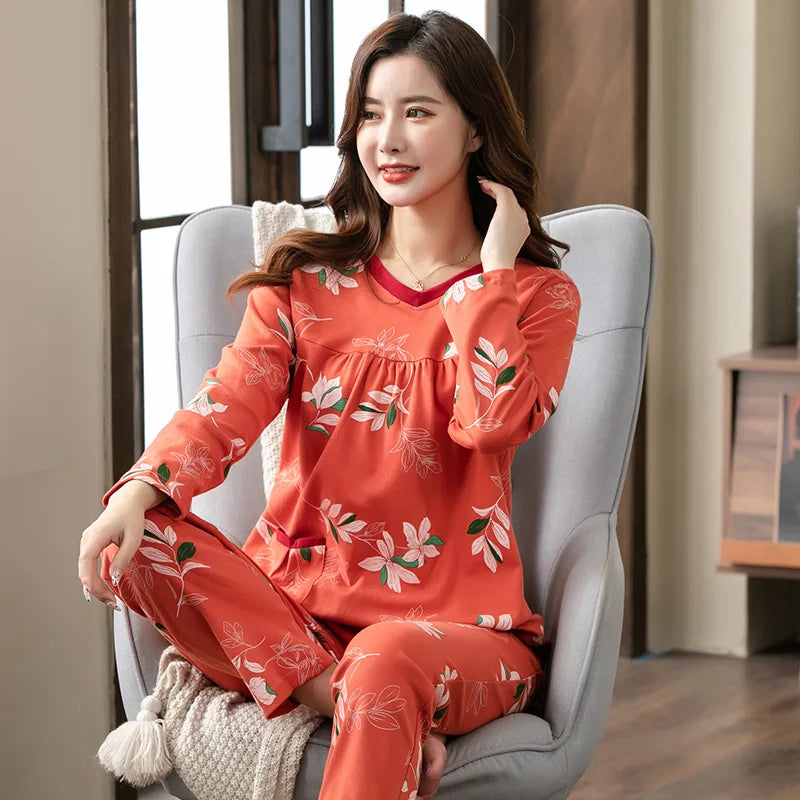 Pajamas Sets Women Floral Cotton Fashion Lace Women Long Sleeve Sleepwear Suit 2 piece Sexy Autumn Home Lounge Gift XXXXL