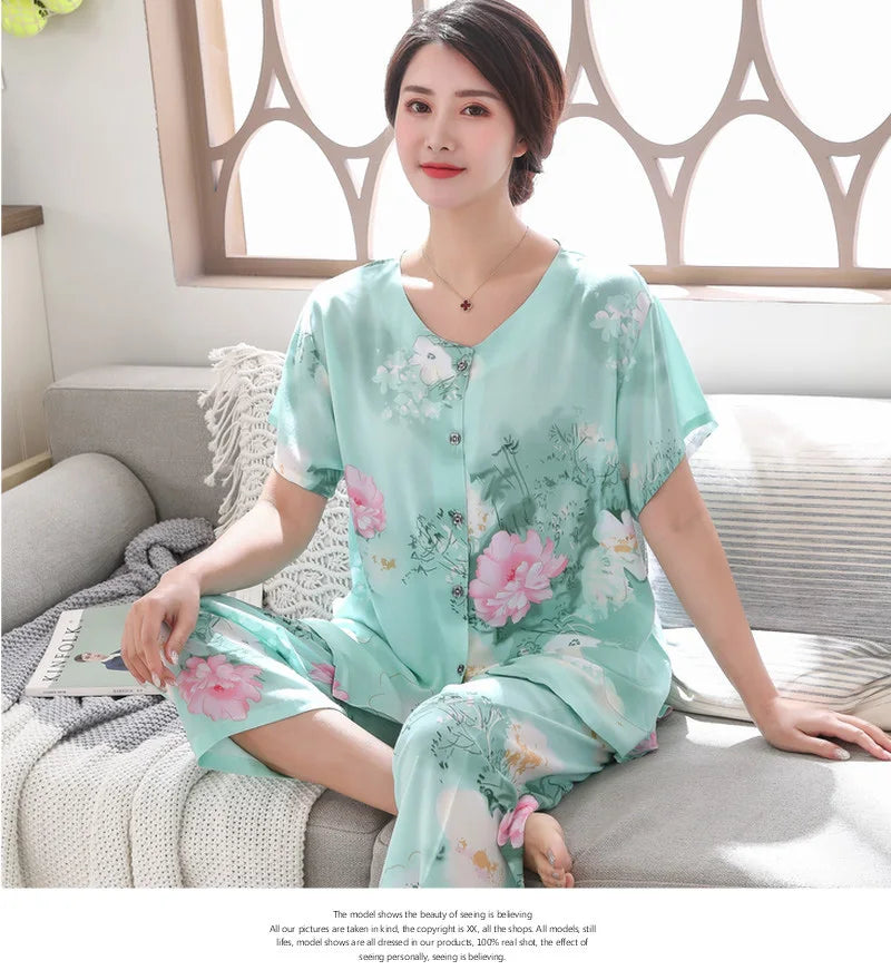 2PC Women Cotton Pajamas Set Summer New Thin Floral Short Sleeve Loose Sleepwear Casual Homewear Female Pyjamas  3XL