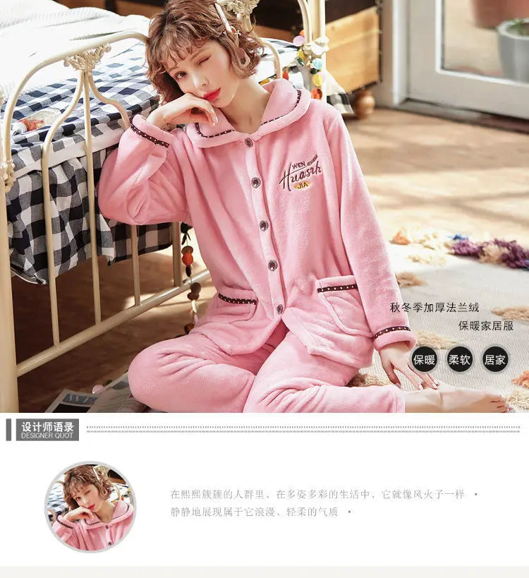 Winter Pajama Sets Women Single Breasted Tops Ankle Length Pants Thicker Cozy Nightwear Flannel Floral Warm Lounge Trendy Casual