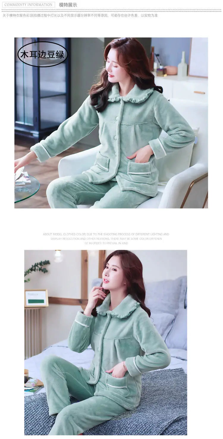 Winter Pajama Sets Women Single Breasted Tops Ankle Length Pants Thicker Cozy Nightwear Flannel Floral Warm Lounge Trendy Casual