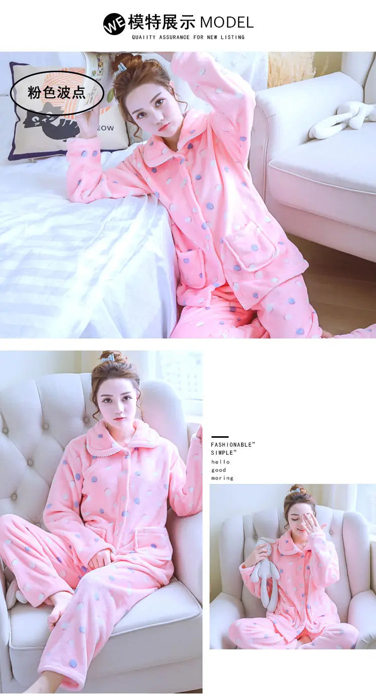 Winter Pajama Sets Women Single Breasted Tops Ankle Length Pants Thicker Cozy Nightwear Flannel Floral Warm Lounge Trendy Casual