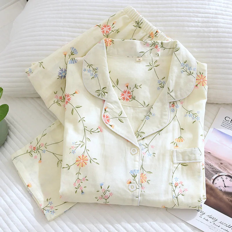 Fdfklak 100% Cotton Gauze Women Homewear Pajama Suit Casual Floral Printed 2Pcs Turn Down Collar Nightwear Pijamas Mujer