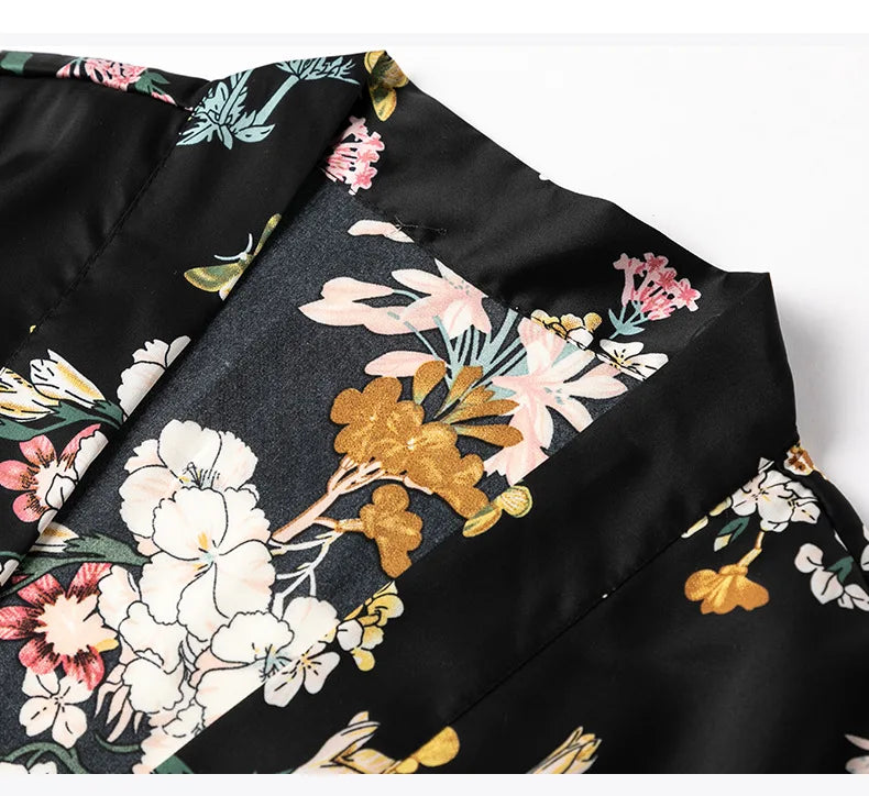 Kimono Robe Gown Print Flower Women Sleepwear Bathrobe Summer Nightgown Casual Silky Nightwear Satin Nightdress Home Clothes