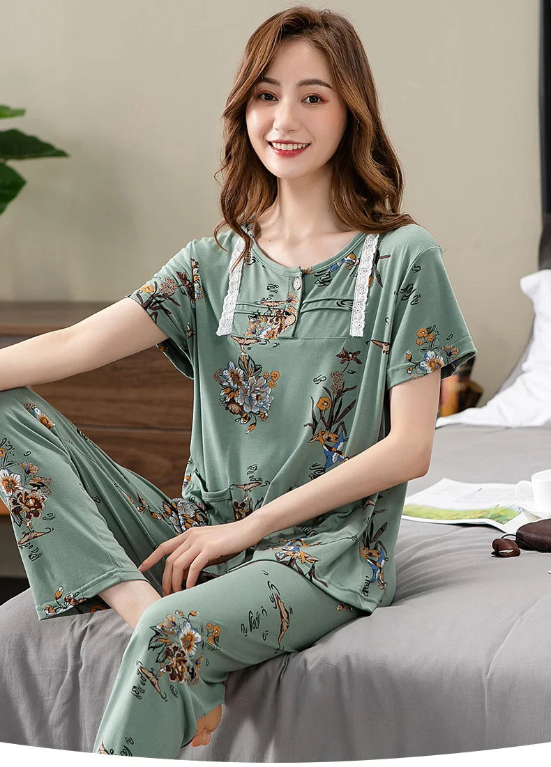 Fashion Summer Small Floral Pyjamas Women Nightgown Big Yards 4XL Sleepshirts Short-Sleeve Nightie Pajama Modal Cotton Sleepwear