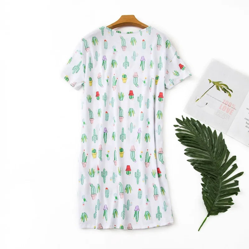 Brand Designer Homewear Women Casual Cartoon Nightgown Ladies Cotton Nightdress Female Round Collar High Quality Sleep Dress