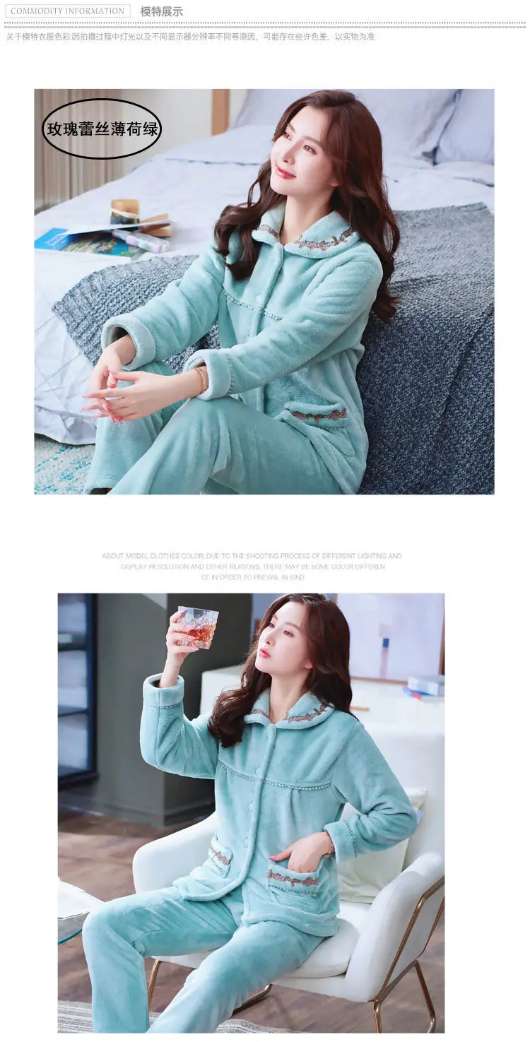 Winter Pajama Sets Women Single Breasted Tops Ankle Length Pants Thicker Cozy Nightwear Flannel Floral Warm Lounge Trendy Casual
