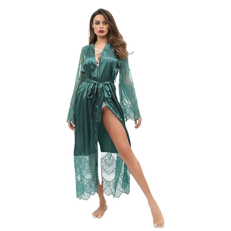 HNMCHIEF Women Pajamas Coat Robe Silky Women Floral Bathrobe Kimono Lace Sleep Robe Long Wedding Bridesmaid Silk Bride Summer