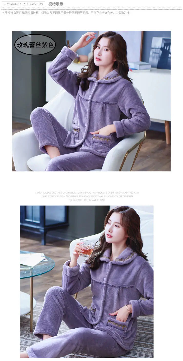 Winter Pajama Sets Women Single Breasted Tops Ankle Length Pants Thicker Cozy Nightwear Flannel Floral Warm Lounge Trendy Casual