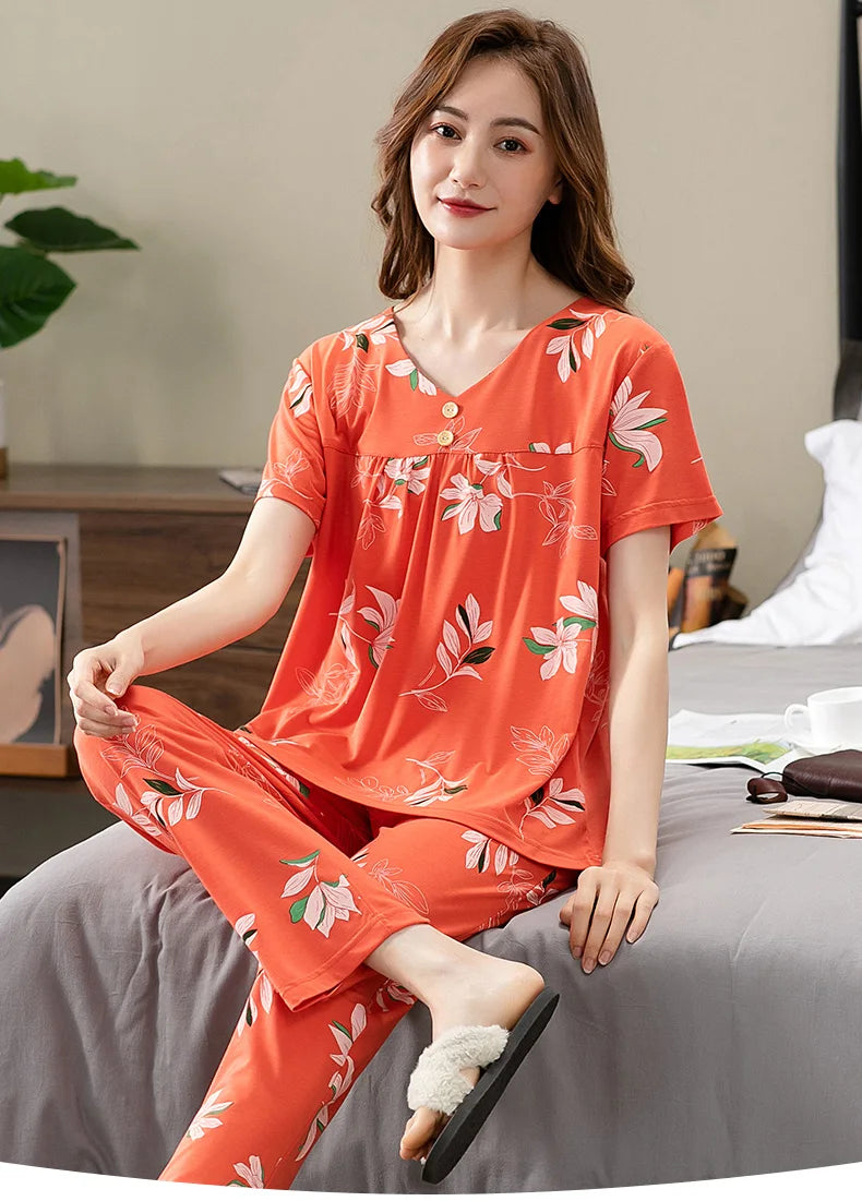 Fashion Summer Small Floral Pyjamas Women Nightgown Big Yards 4XL Sleepshirts Short-Sleeve Nightie Pajama Modal Cotton Sleepwear