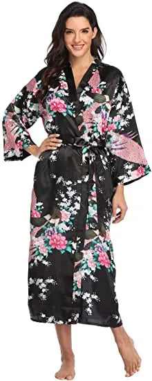 Hot Sale Black Summer Satin Kimono Bathrobe Women Bride Bridesmaid Wedding Robe Dress Gown Sexy Flower Long Sleepwear M-3XL