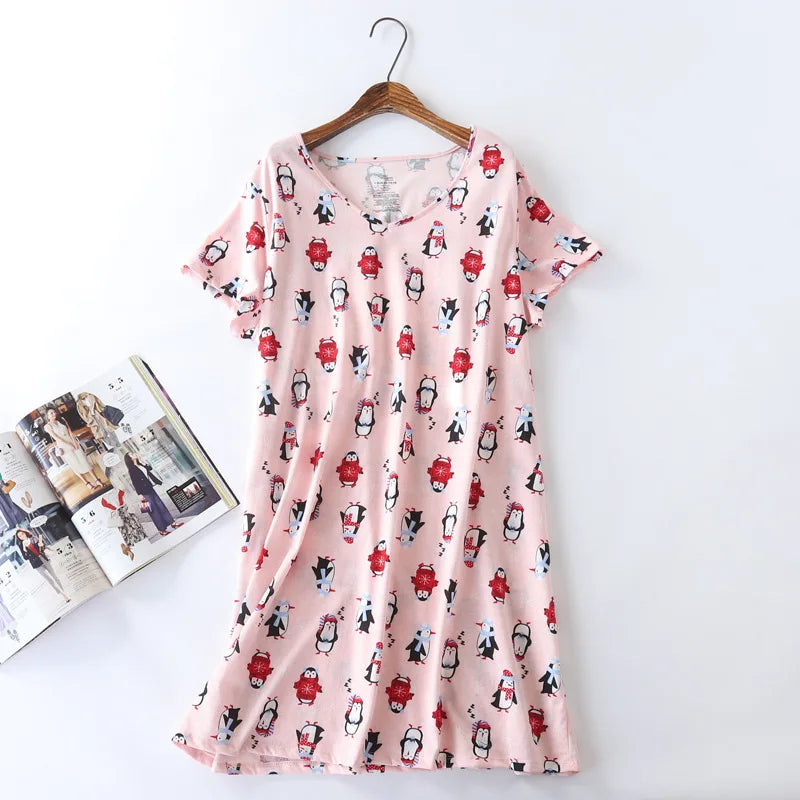 Brand Designer Homewear Women Casual Cartoon Nightgown Ladies Cotton Nightdress Female Round Collar High Quality Sleep Dress