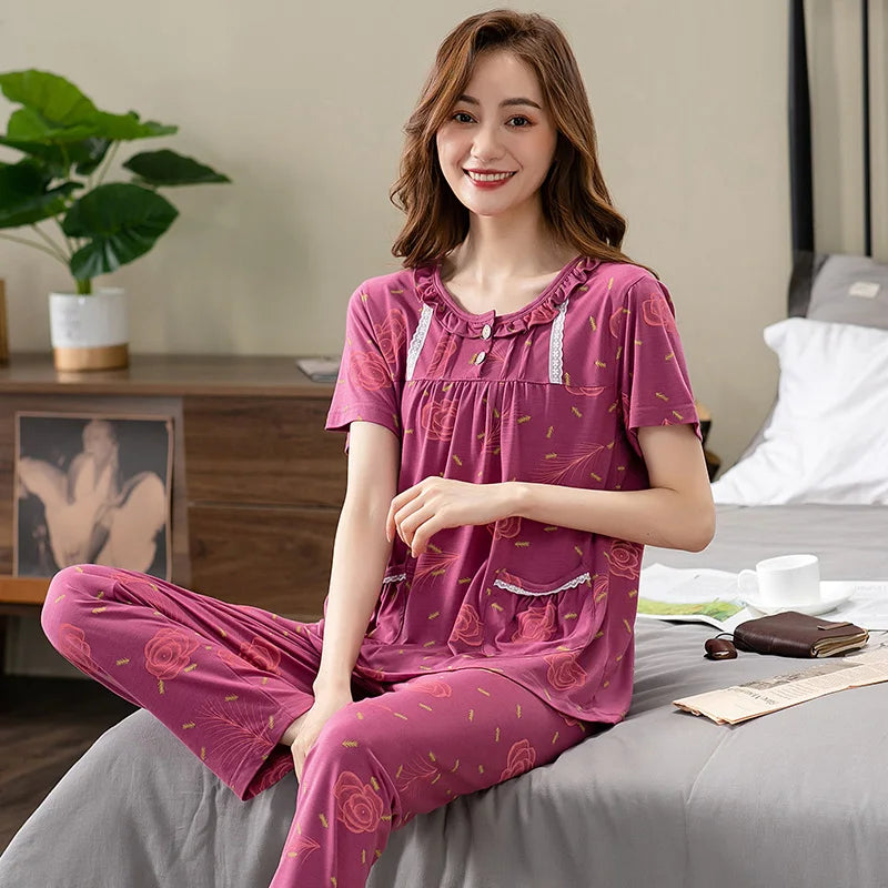 Fashion Summer Small Floral Pyjamas Women Nightgown Big Yards 4XL Sleepshirts Short-Sleeve Nightie Pajama Modal Cotton Sleepwear