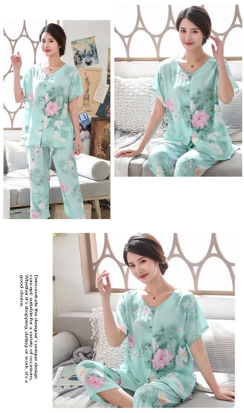 2PC Women Cotton Pajamas Set Summer New Thin Floral Short Sleeve Loose Sleepwear Casual Homewear Female Pyjamas  3XL