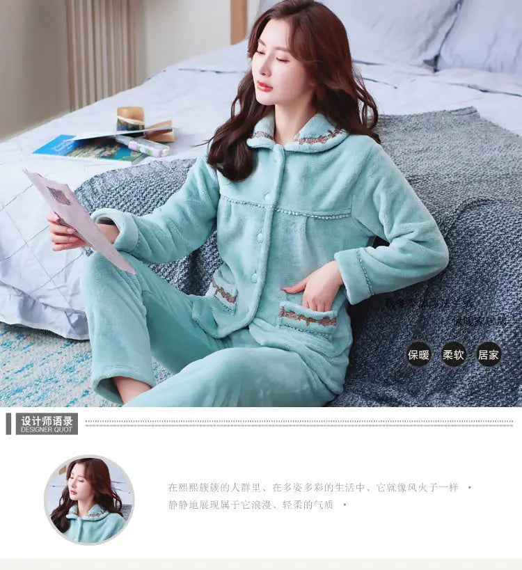 Winter Pajama Sets Women Single Breasted Tops Ankle Length Pants Thicker Cozy Nightwear Flannel Floral Warm Lounge Trendy Casual