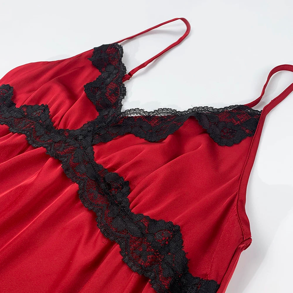 HTTHDD Lace Women Nightdress Satin Spaghetti Straps Flower Embroidery Women Pajamas Fashion Summer Evening Dress Sexy Nightgown