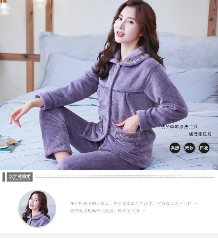 Winter Pajama Sets Women Single Breasted Tops Ankle Length Pants Thicker Cozy Nightwear Flannel Floral Warm Lounge Trendy Casual