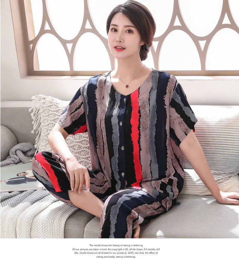 2PC Women Cotton Pajamas Set Summer New Thin Floral Short Sleeve Loose Sleepwear Casual Homewear Female Pyjamas  3XL