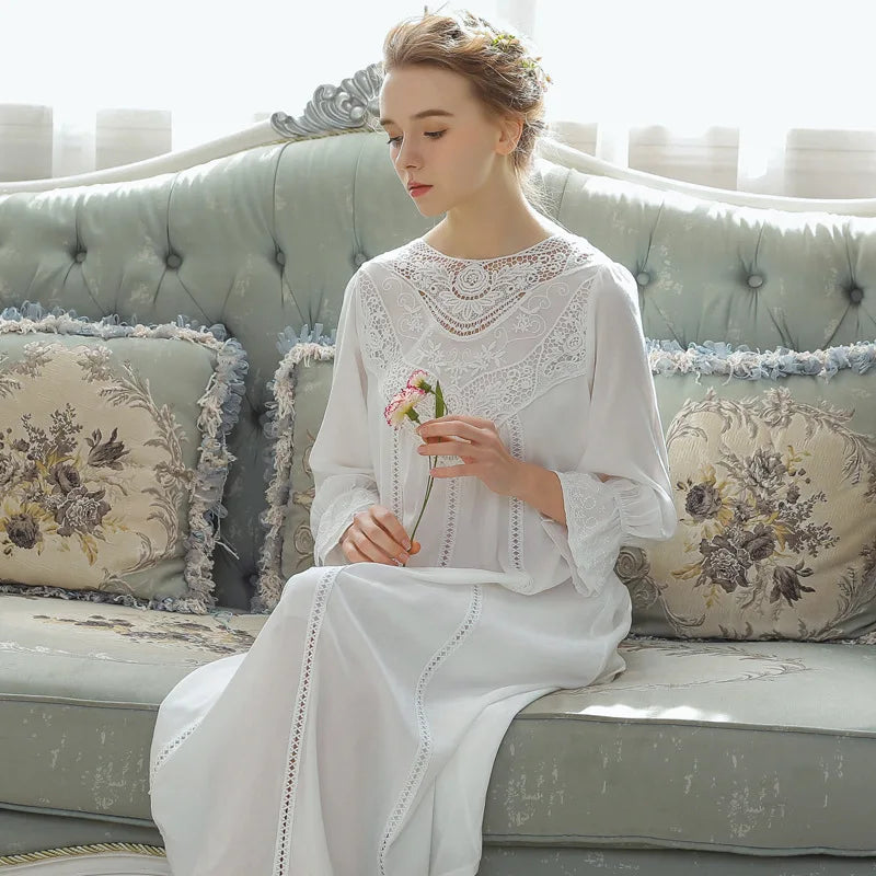 Romantic Lace Nightdress Women French Style Fairy Sleep Lace Dress Elegant Long Sleeve Cotton Nightgown Victorian Loungewear