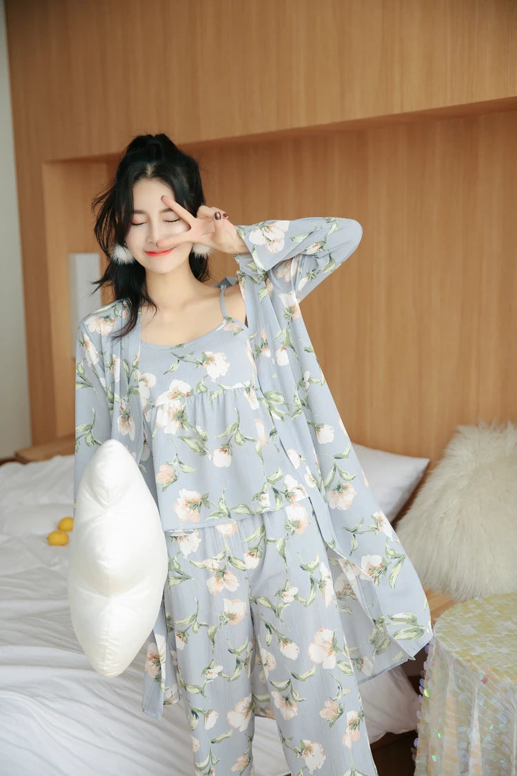 3 Pieces Women Japan Kimono Pajamas Cotton Sleepwear Pijama Soft Home Clothing Floral Printing Sleep Lounge Pyjama Pyjamas Set