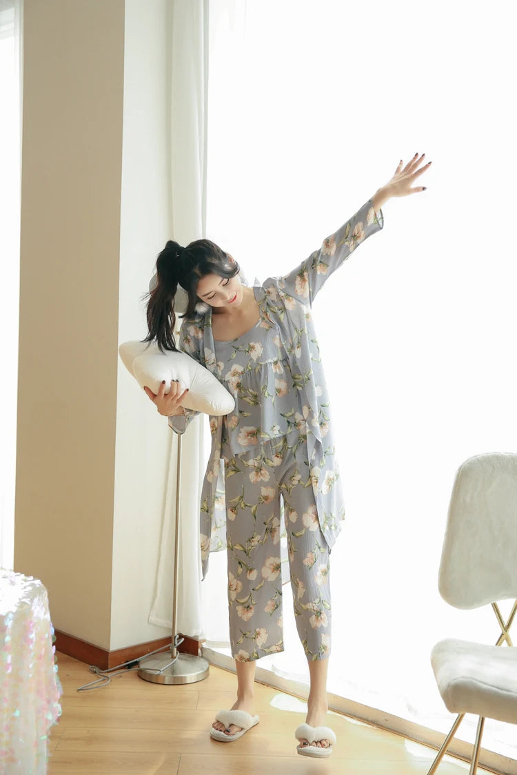 3 Pieces Women Japan Kimono Pajamas Cotton Sleepwear Pijama Soft Home Clothing Floral Printing Sleep Lounge Pyjama Pyjamas Set