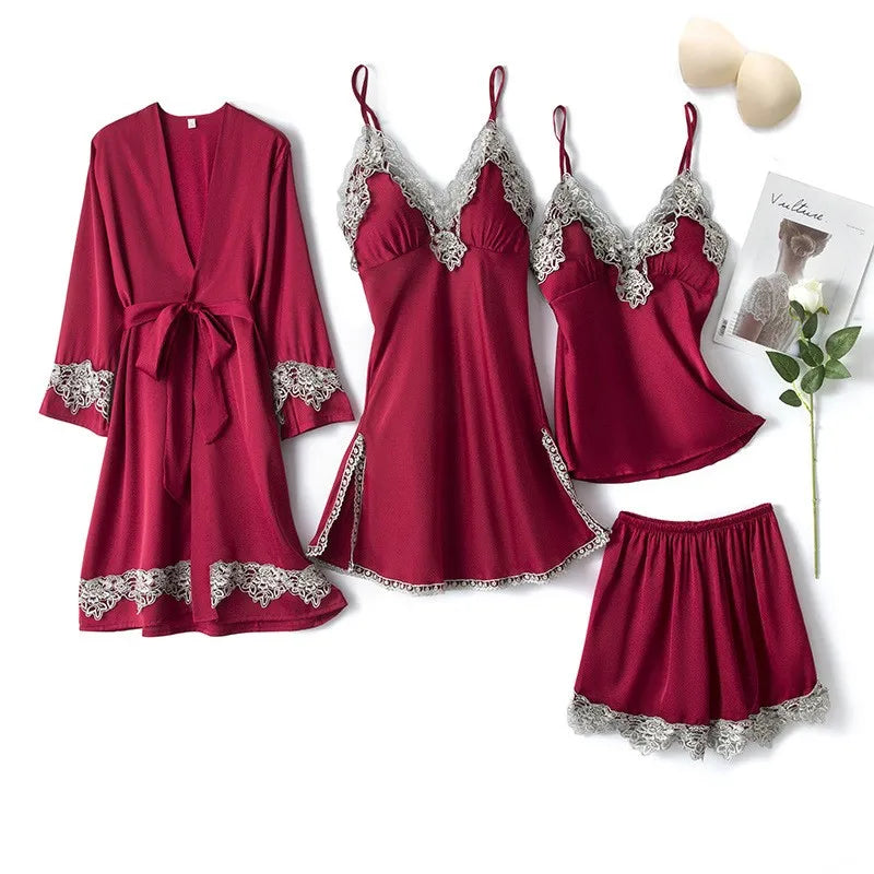 Pink Women Rayon 5PCS Robe Gown Sets Sexy Lace Floral Trim Bride Dressing Sleep Suit Loose Lingerie Pajamas Set Kimono Nightgown