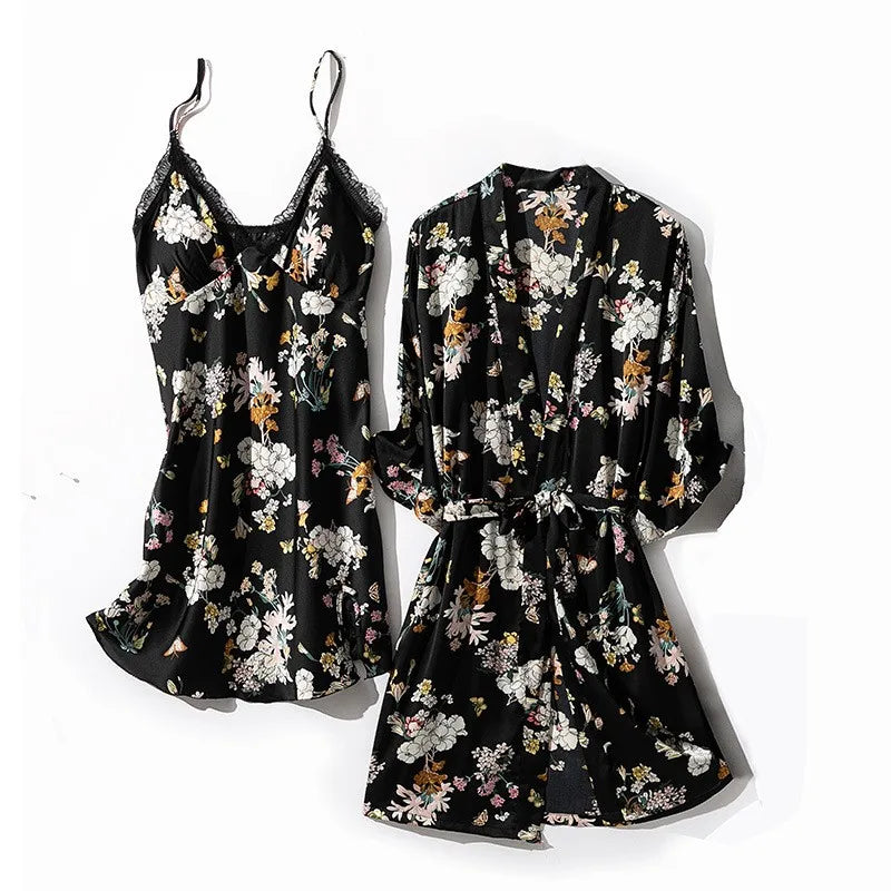 Kimono Robe Gown Print Flower Women Sleepwear Bathrobe Summer Nightgown Casual Silky Nightwear Satin Nightdress Home Clothes