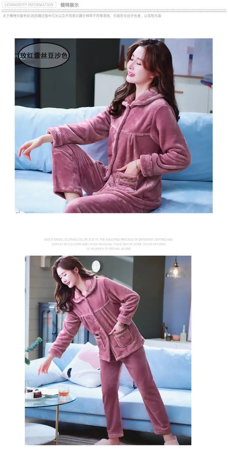 Winter Pajama Sets Women Single Breasted Tops Ankle Length Pants Thicker Cozy Nightwear Flannel Floral Warm Lounge Trendy Casual