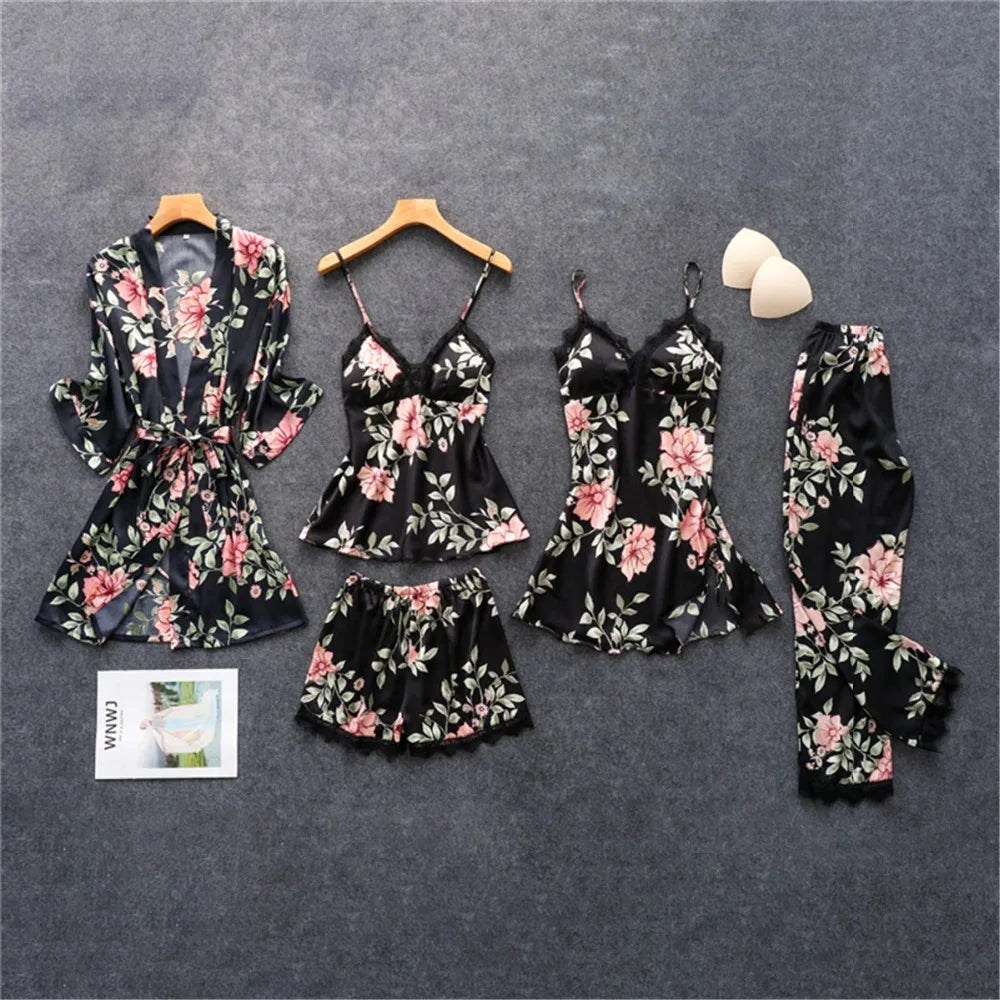 Daeyard Women's Pajamas Silk Floral Overall Print 5Pcs Pajama Set Satin Pyjamas Sexy Lace Pijama Nightie Sleepwear Home Clothes