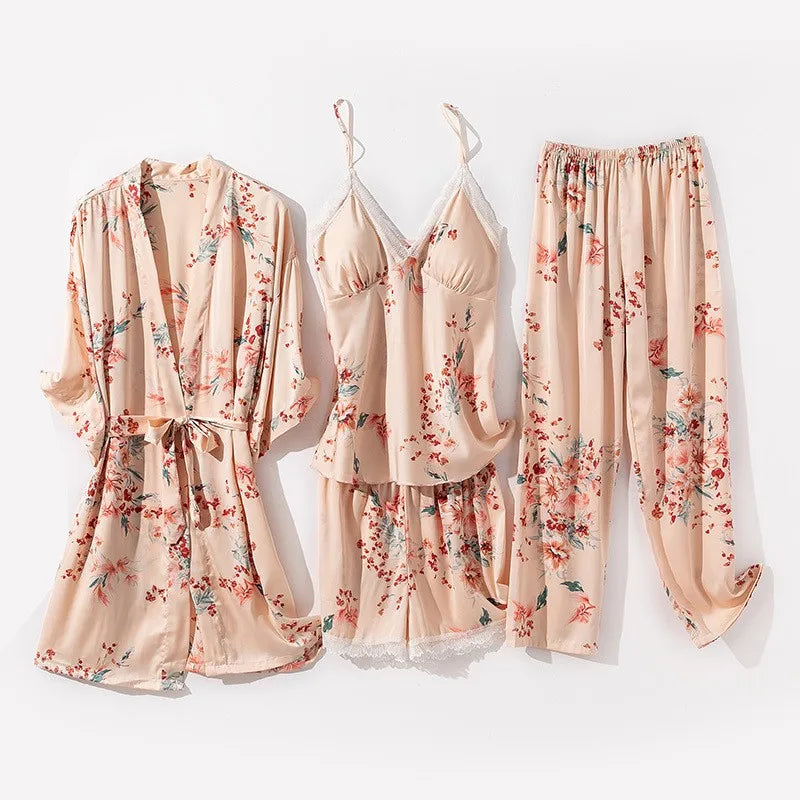 Kimono Robe Gown Print Flower Women Sleepwear Bathrobe Summer Nightgown Casual Silky Nightwear Satin Nightdress Home Clothes