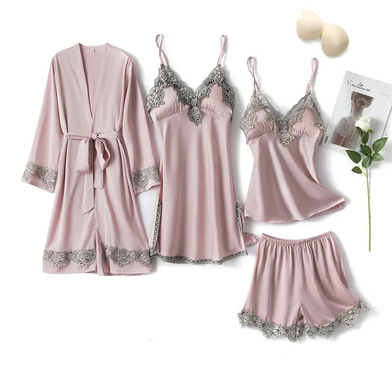 Pink Women Rayon 5PCS Robe Gown Sets Sexy Lace Floral Trim Bride Dressing Sleep Suit Loose Lingerie Pajamas Set Kimono Nightgown
