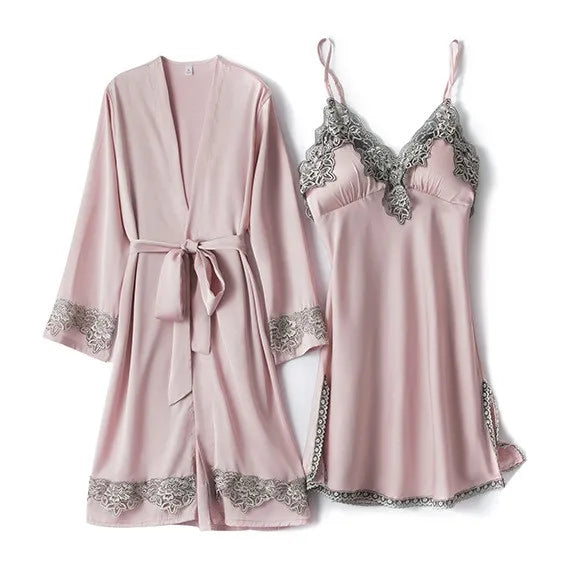 Pink Women Rayon 5PCS Robe Gown Sets Sexy Lace Floral Trim Bride Dressing Sleep Suit Loose Lingerie Pajamas Set Kimono Nightgown