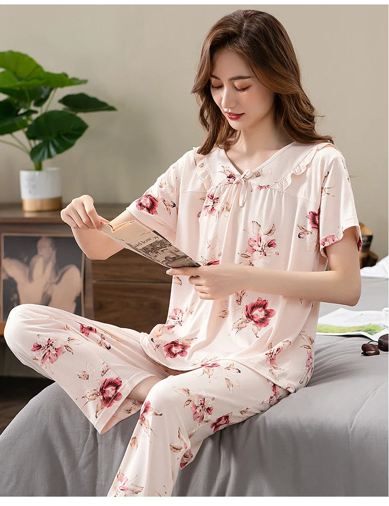Fashion Summer Small Floral Pyjamas Women Nightgown Big Yards 4XL Sleepshirts Short-Sleeve Nightie Pajama Modal Cotton Sleepwear