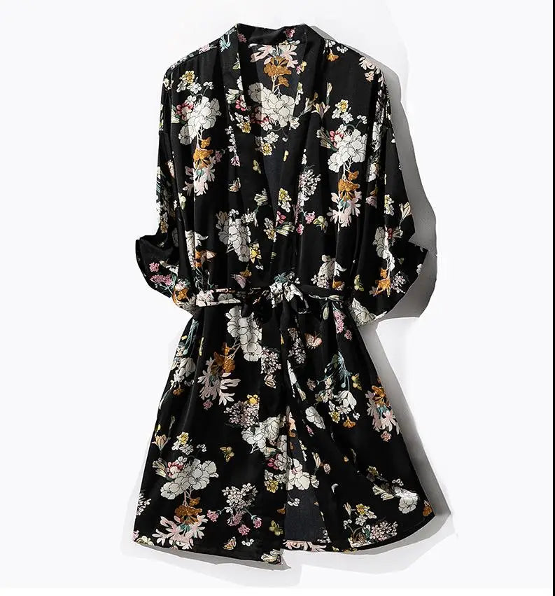 Kimono Robe Gown Print Flower Women Sleepwear Bathrobe Summer Nightgown Casual Silky Nightwear Satin Nightdress Home Clothes