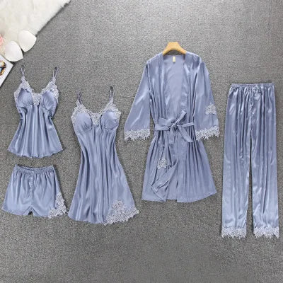 Daeyard Women's Pajamas Silk Floral Overall Print 5Pcs Pajama Set Satin Pyjamas Sexy Lace Pijama Nightie Sleepwear Home Clothes