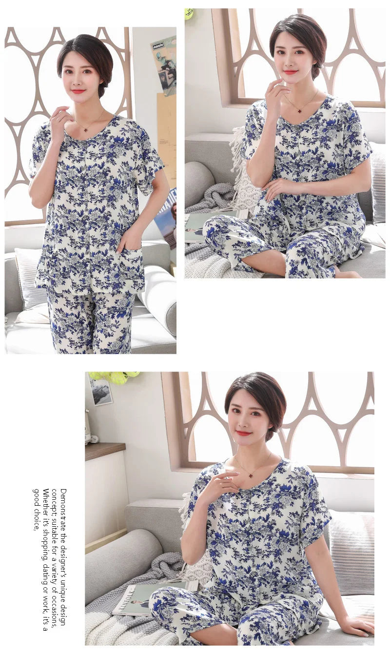2PC Women Cotton Pajamas Set Summer New Thin Floral Short Sleeve Loose Sleepwear Casual Homewear Female Pyjamas  3XL