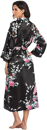 Hot Sale Black Summer Satin Kimono Bathrobe Women Bride Bridesmaid Wedding Robe Dress Gown Sexy Flower Long Sleepwear M-3XL