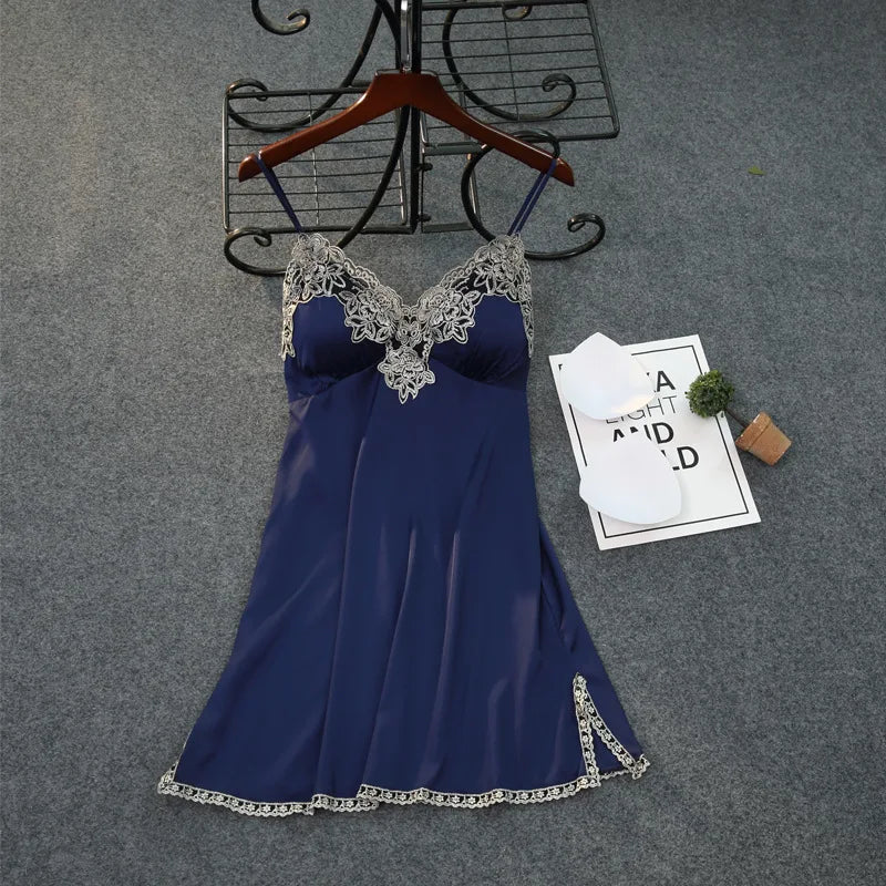 Satin Spaghetti Strap Nightdress Sleepwear Sexy Lace Nightgown Women Intimate Lingerie Nightwear Silky Home Clothes Sleep Dress