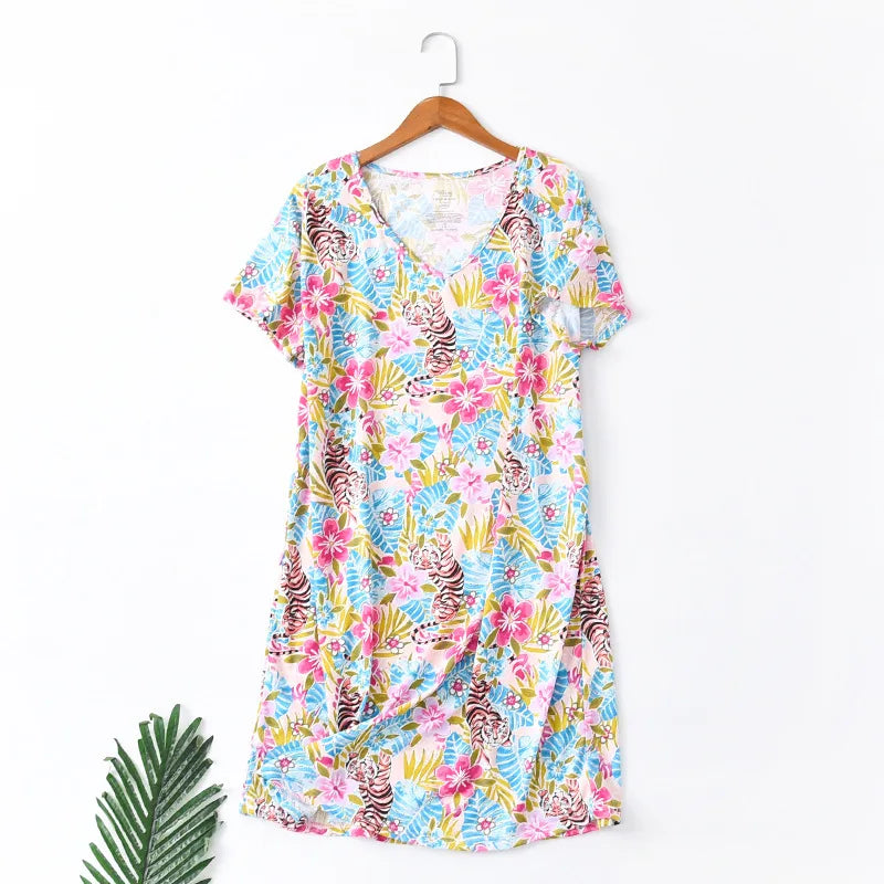 Brand Designer Homewear Women Casual Cartoon Nightgown Ladies Cotton Nightdress Female Round Collar High Quality Sleep Dress